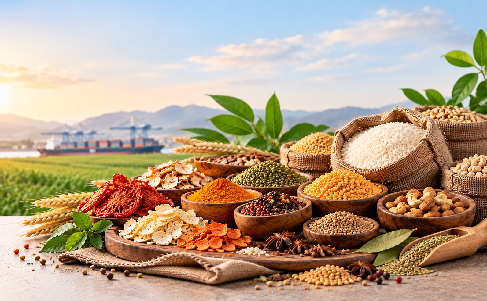 Assorted food ingredients in wooden bowls