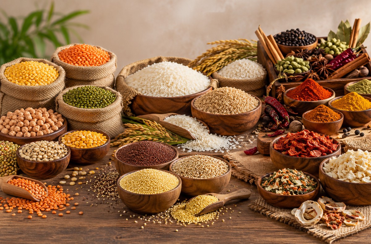 Assorted quality pulses and grains in wooden bowls